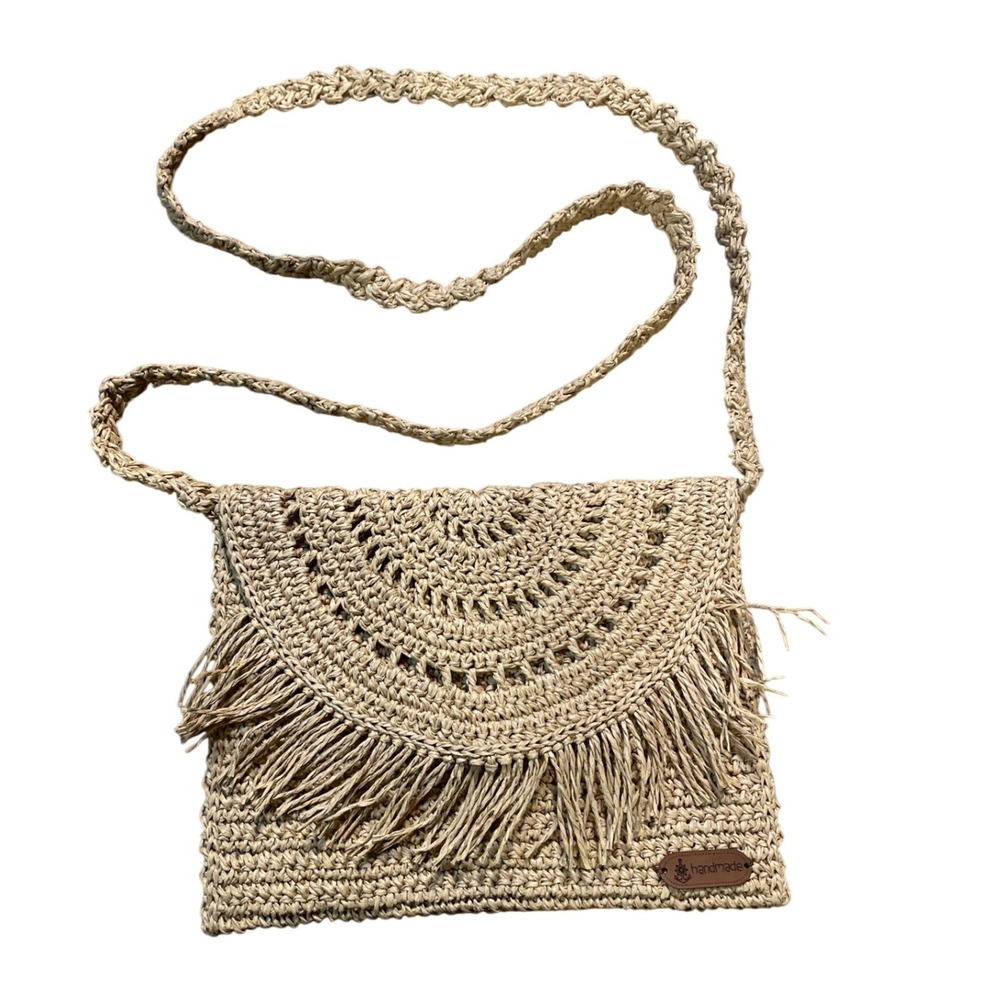 Handmade Crochet Raffia Crossbody Bag Tan Boho Fringe Straw Festival‎ Purse Twee